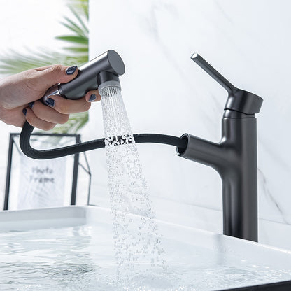 Pull-Out Single-Hole Bathroom Faucet, Modern Single-Handle Basin Faucet with 2-Mode Sprayer, Matte Black / Brushed Gold / Gunmetal