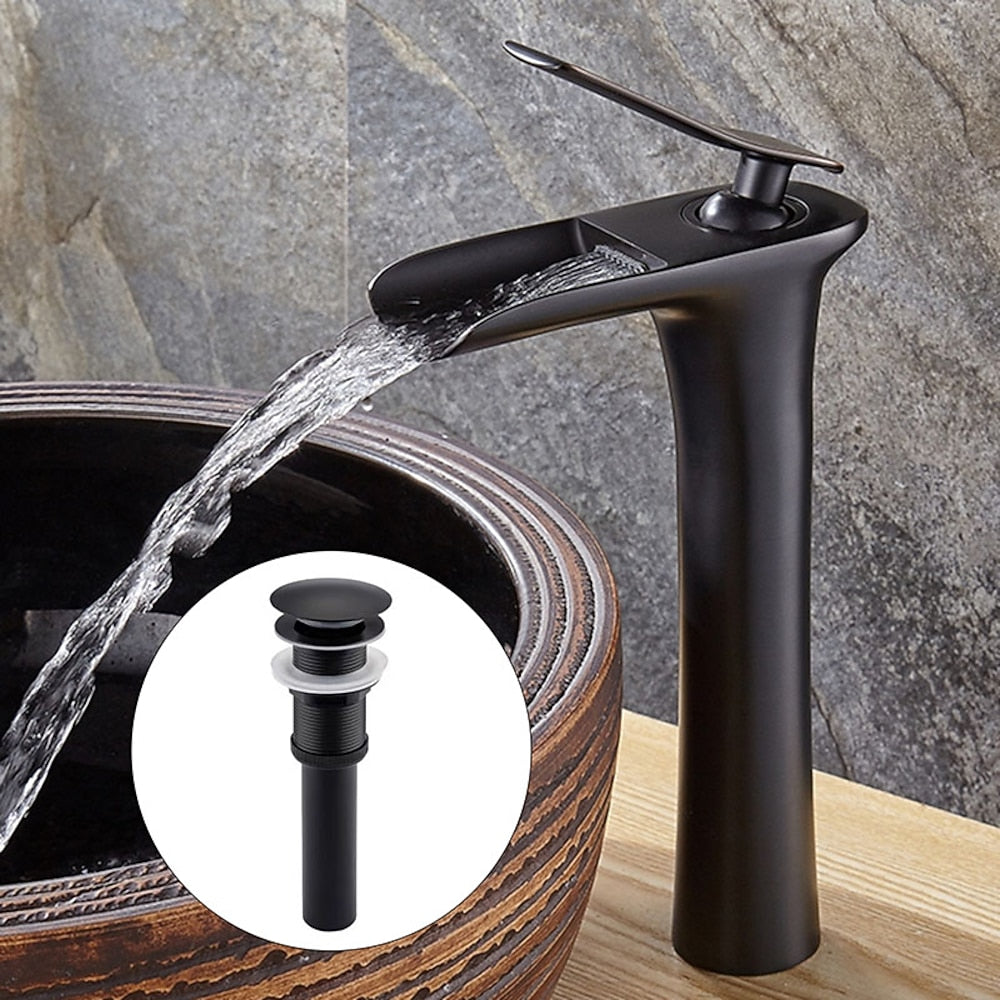 Waterfall Single-Hole Bathroom Faucet, Modern Single-Handle Sink Faucet with Pop-Up Drain