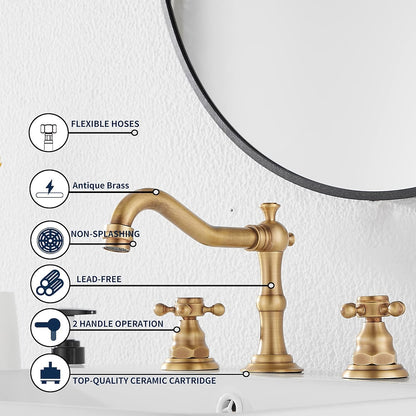 Traditional Brass Widespread Bathroom Faucet, Dual Cross Handle Vanity Faucet, Antique Brass / Brushed Nickel / Chrome / Oil-Rubbed Bronze / Matte Black