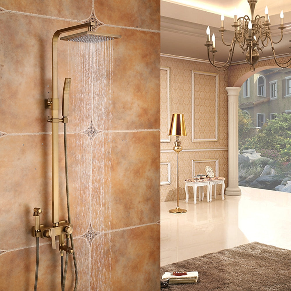 Rainfall Wall-Mounted Shower System, Single-Handle Tub Spout Faucet, Antique Brass / Brushed Nickel