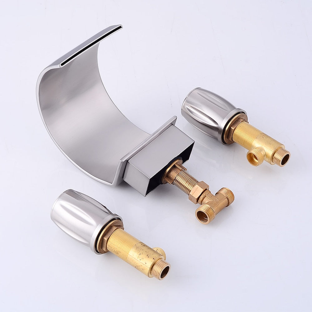 Brushed Nickel Widespread Bathroom Faucet, Contemporary 3-Hole Faucet, Double-Handle Waterfall Spout Faucet