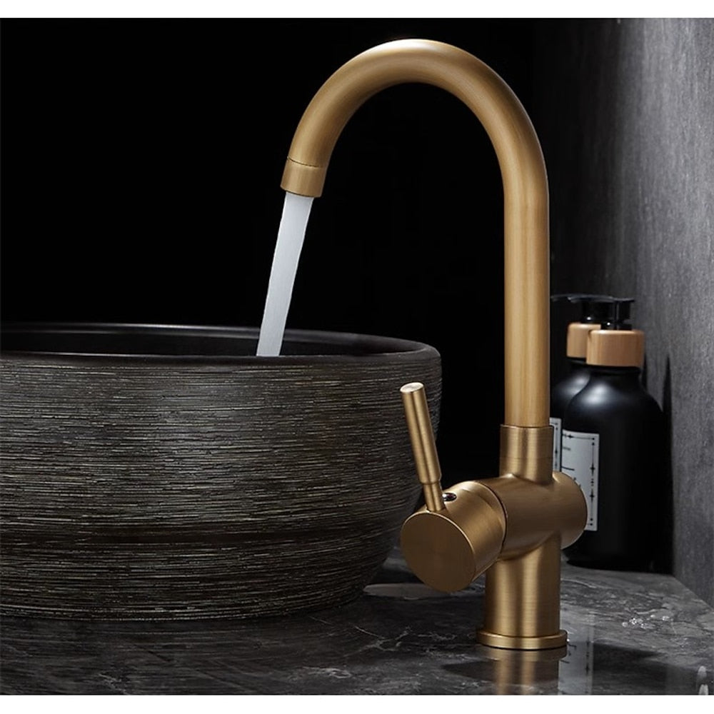 Antique Brass Traditional Bathroom Faucet, Single-Handle High Arc Swivel Spout Faucet