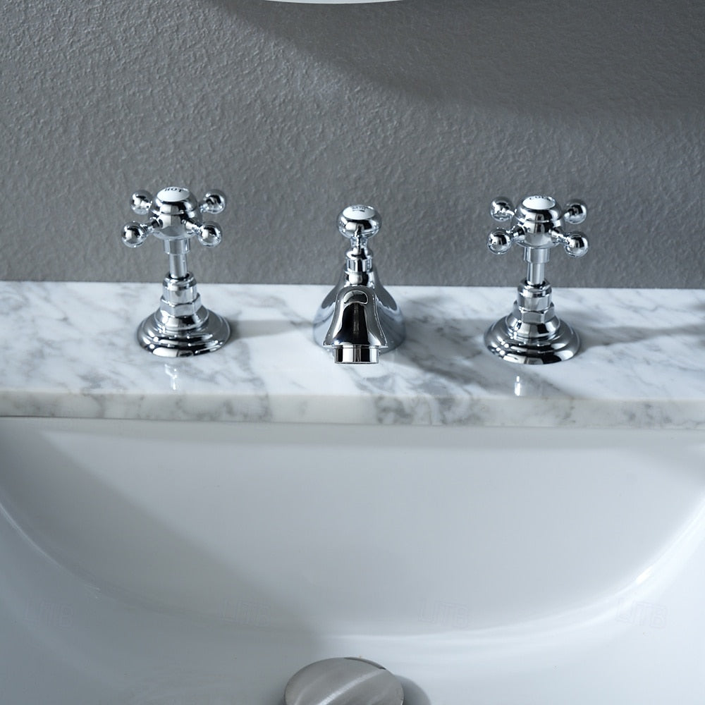 Vintage 3-Hole Widespread Bathroom Faucet, Double Cross Handle Faucet, Chrome / Polished Gold