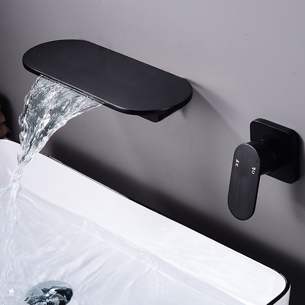 Waterfall Wall-Mount Bathroom Faucet, Single-Handle Brass Sink Faucet, Matte Black / Matte White