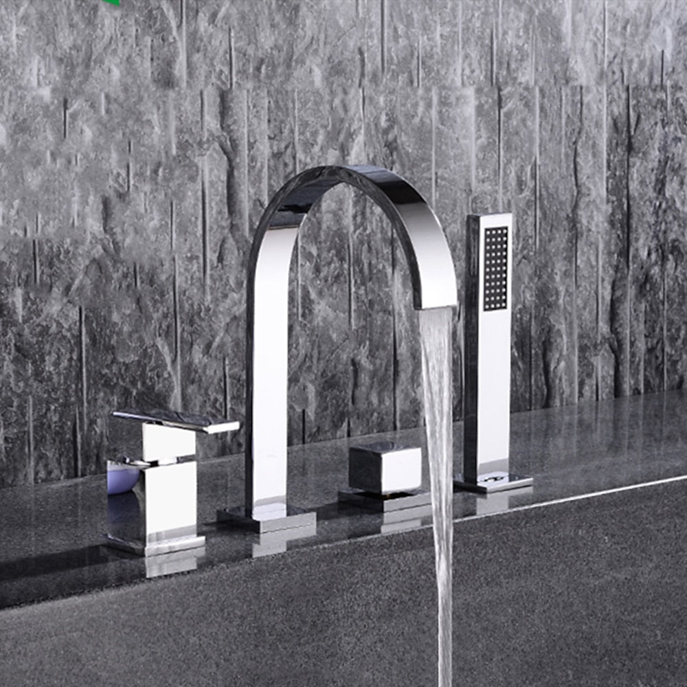 Waterfall Roman Tub Faucet, Deck-Mounted Single-Handle 4-Hole Faucet with Handheld Shower, Chrome / Matte Black