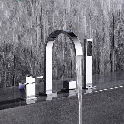 Waterfall Roman Tub Faucet, Deck-Mounted Single-Handle 4-Hole Faucet with Handheld Shower, Chrome / Matte Black