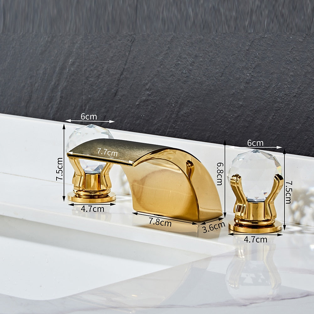 Waterfall Bathroom Faucet, Modern 3-Hole Widespread Faucet, Double Crystal Handle Faucet, Matte Black / Chrome / Brushed Gold / Polished Gold
