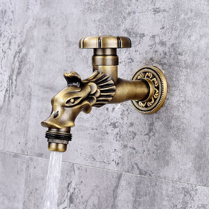 Vintage Dragon Wall-Mount Garden Faucet, Single Wheel Handle Outdoor Faucet, Antique Brass / Matte Black / Brushed Gold