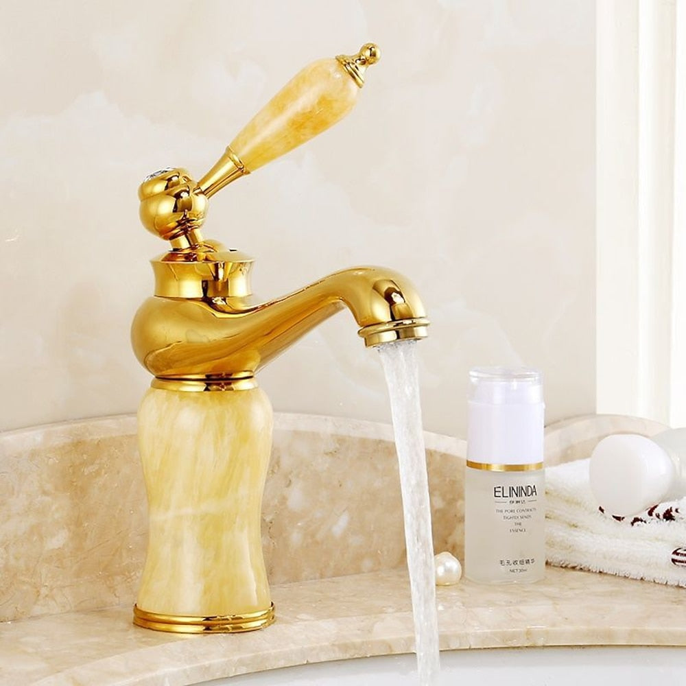 Jade Insert Bathroom Faucet, Modern Single-Hole Single-Handle Brass Faucet, Gold / White / Black
