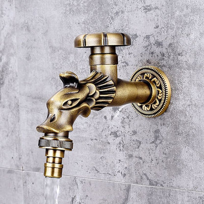 Retro Dragon Design Wall-Mount Outdoor Faucet, Single-Handle Brass Faucet, Antique Brass / Matte Black / Brushed Gold
