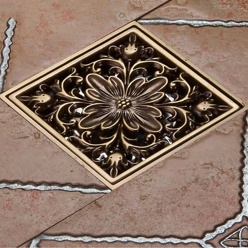 Antique Brass Vintage Square Floor Drain, Carved Flower Drain with Removable Cover