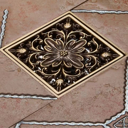 Antique Brass Vintage Square Floor Drain, Carved Flower Drain with Removable Cover