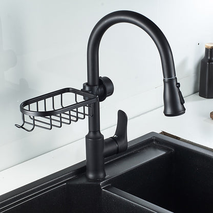 Modern Aluminum Faucet Storage Rack, Clamp-On Sink Caddy Organizer with Integrated Hooks, Black / Silver