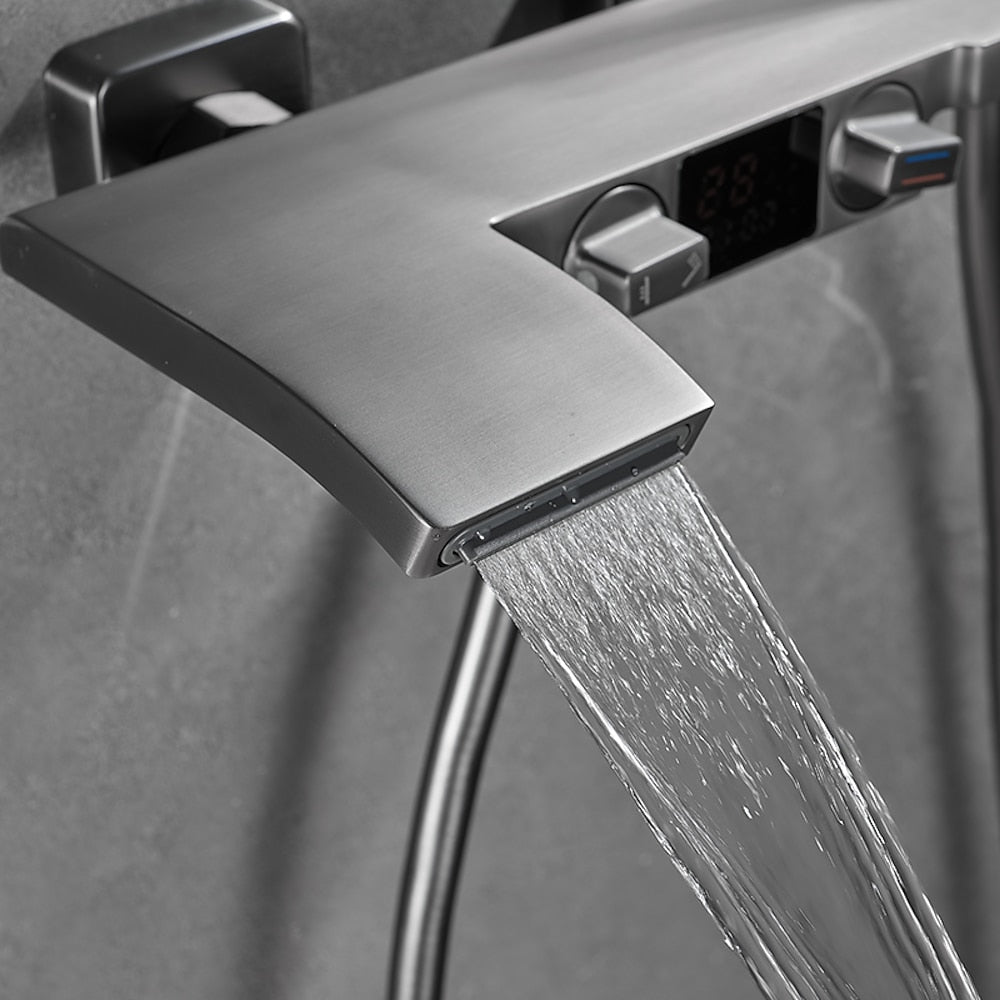 Wall-Mount Waterfall Tub Faucet, Dual-Handle Bath Mixer Tap with Handheld Shower
