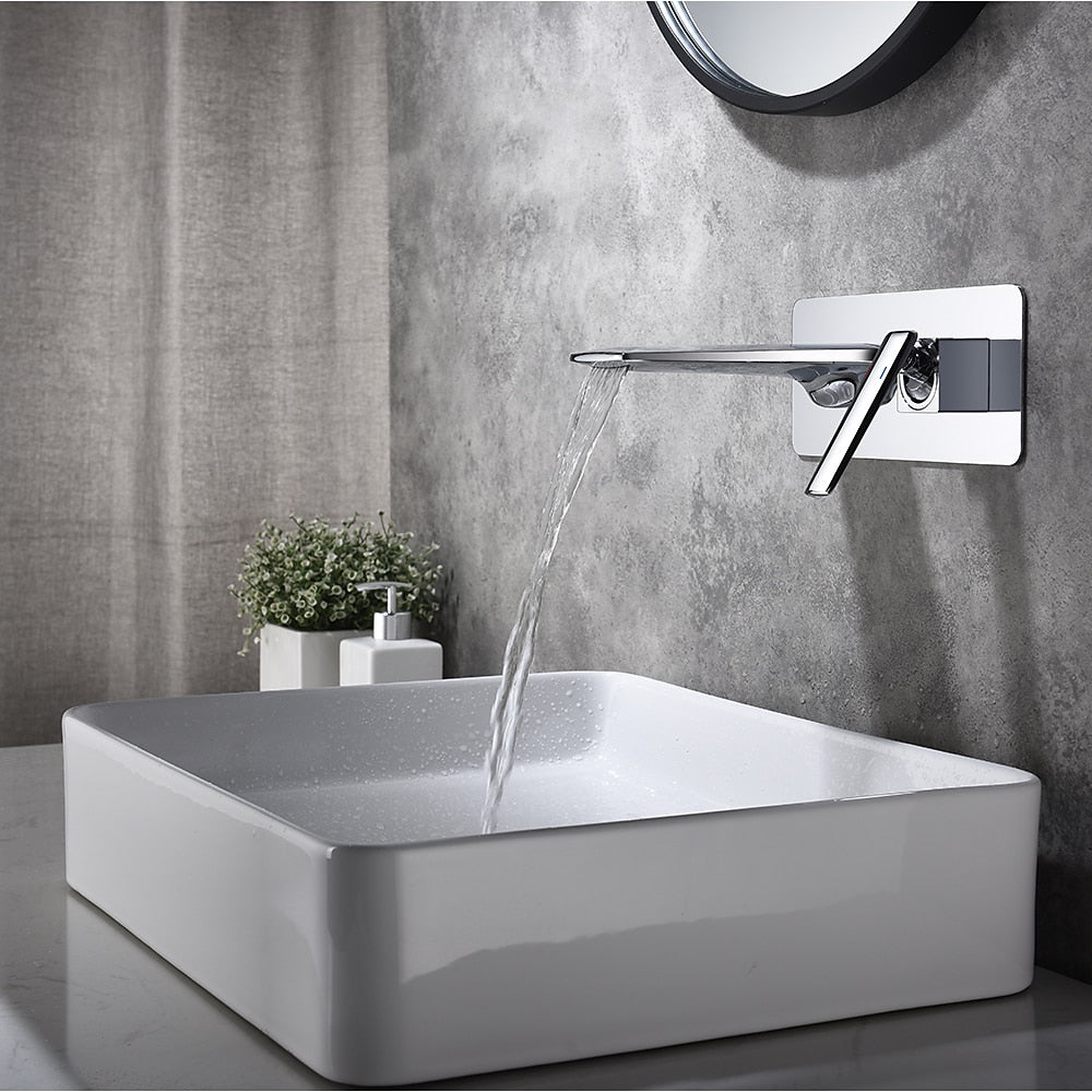 Modern Waterfall Bathroom Faucet, Wall-Mount Single-Handle Vessel Sink Faucet, Matte Black / Chrome