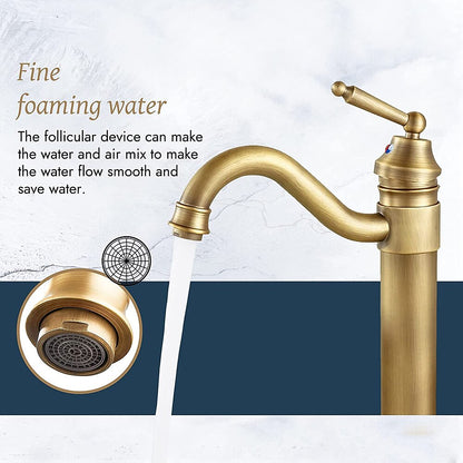 Antique Brass Traditional Single-Hole Vessel Sink Faucet, Single-Handle Brass Faucet, 360-Degree Swivel Spout Faucet
