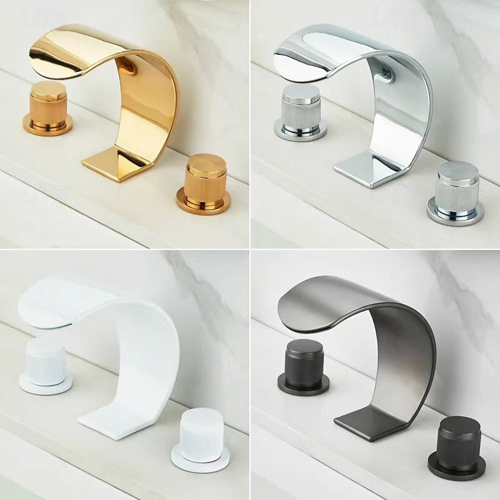 Modern Waterfall Widespread Bathroom Faucet, Double Knob Handle Brass Faucet, Brushed Gold / Matte Black / Chrome / Gunmetal / Matte White