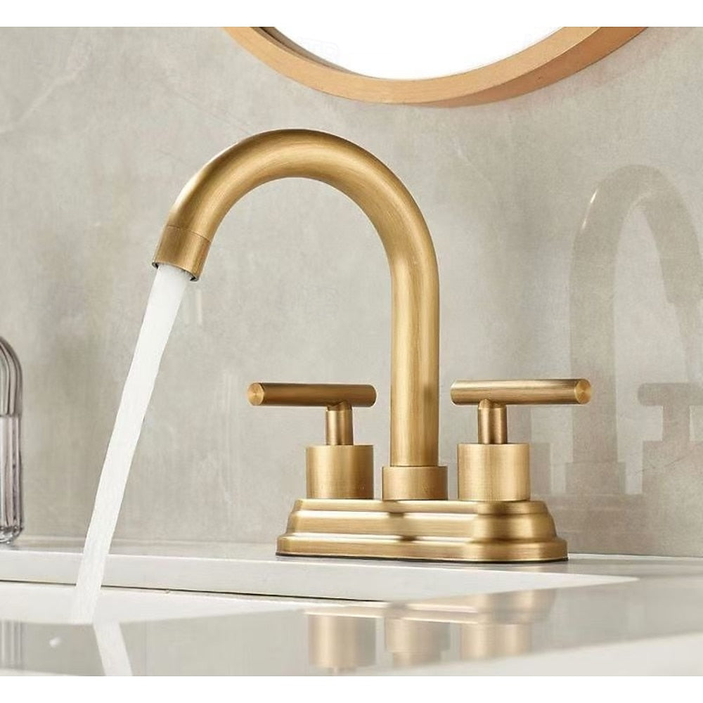 Modern High-Arc Spout Bathroom Faucet, 4-Inch Centerset Dual-Handle Faucet, Brushed Gold / Brushed Bronze