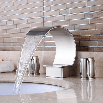 Brushed Nickel Widespread Bathroom Faucet, Contemporary 3-Hole Faucet, Double-Handle Waterfall Spout Faucet