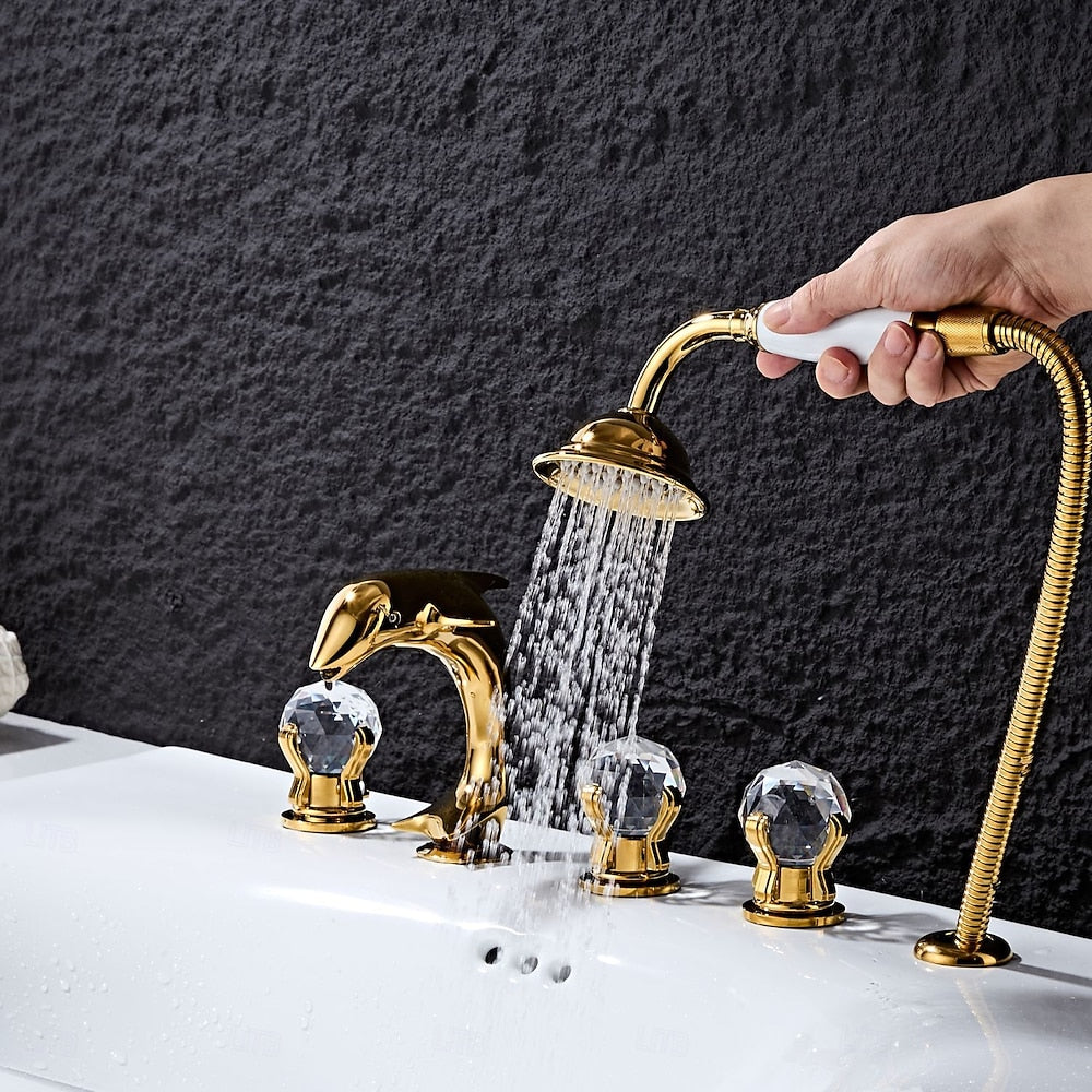 Polished Gold Dolphin Roman Tub Faucet, 5-Hole Deck-Mount Tub Filler with Handheld Shower / Crystal Knob Handles
