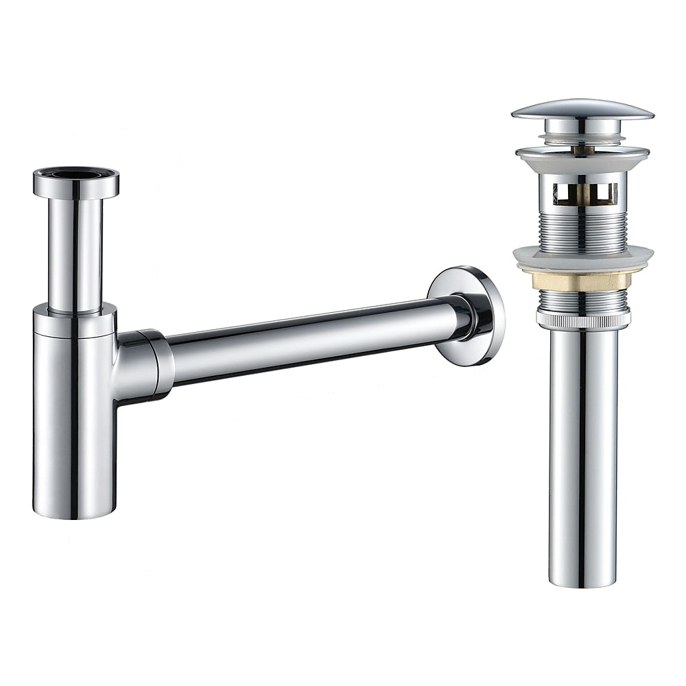 Contemporary Round Brass Bottle P-Trap, Bathroom Basin Sink Drain with Pop-Up Drain, Matte Black / Chrome