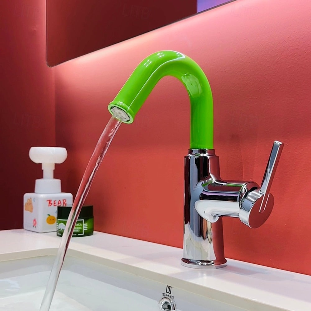 Modern High-Arc Bathroom Faucet, Single-Handle Single-Hole Faucet, Multi- / Green / White / Yellow / Pink / Gray / Silver