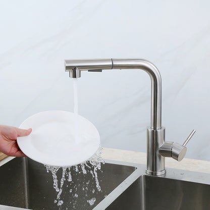 Brushed Nickel Stainless Steel Pull-Down Kitchen Faucet, Single-Hole Single-Handle Faucet, Modern Swivel Spout Faucet