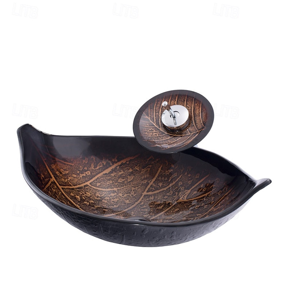 Modern Leaf-Shaped Glass Vessel Sink, Single-Handle Waterfall Spout Faucet Combo with Pop-Up Drain, Multi- / Bronze / Black / Gold