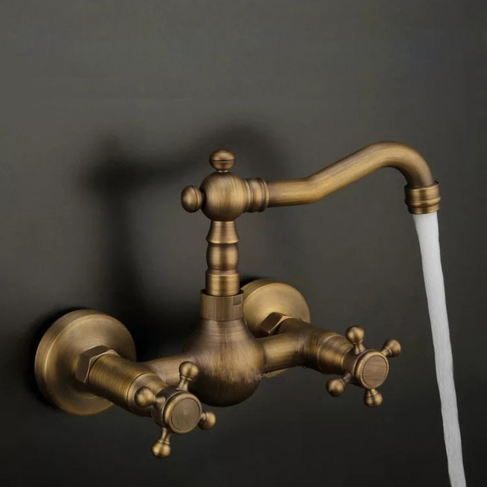 Antique Brass Wall-Mount Bathroom Faucet, Double Cross Handle Swivel Spout Faucet