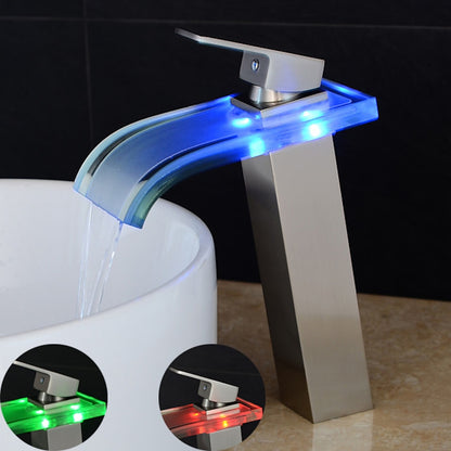 LED Glass Waterfall Bathroom Faucet, Single-Handle Single-Hole Faucet, Brushed Nickel / Brushed Gold / Matte Black / Chrome