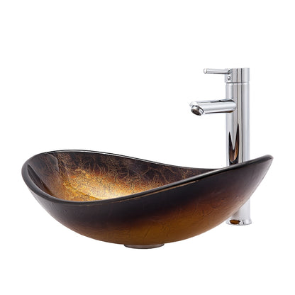 Gold Foil Tempered Glass Vessel Sink, Chrome Single-Handle Tall Faucet with Pop-Up Drain