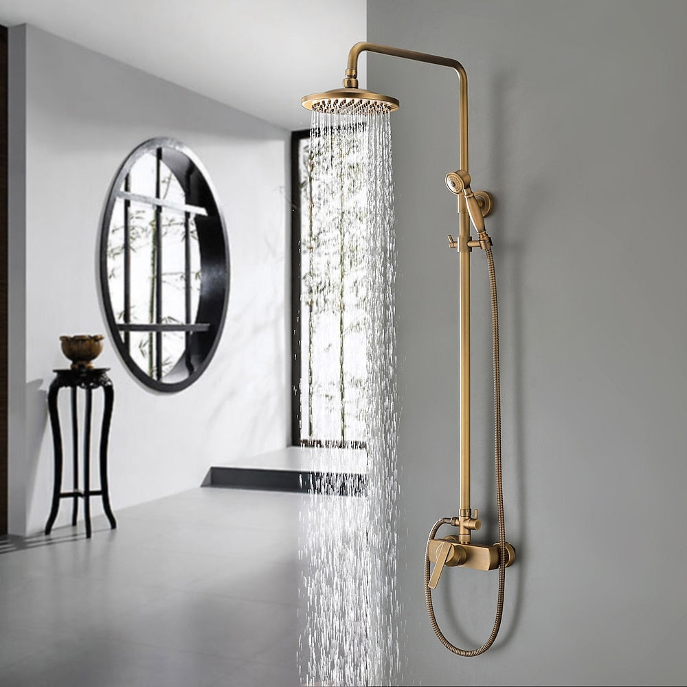 Traditional Antique Brass Wall-Mount Shower System, Single-Handle Exposed Pipe Faucet with 8-Inch Rainfall Shower Head, Handheld Sprayer