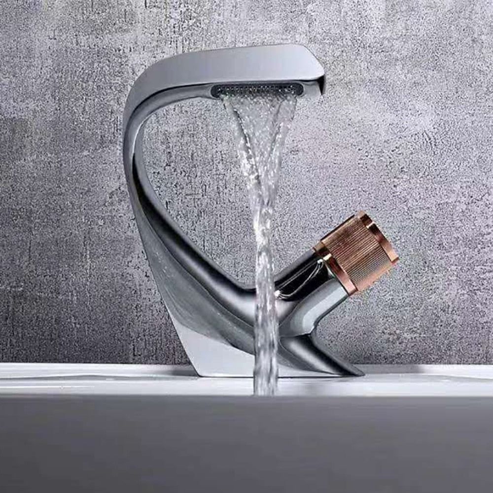 Modern Single-Hole Waterfall Bathroom Faucet, Single-Handle Brass Faucet