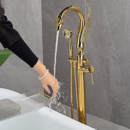 Swan Design Freestanding Tub Filler Faucet, Single-Handle Swivel Spout Tub Faucet with Handheld Shower, Polished Gold / Matte Black