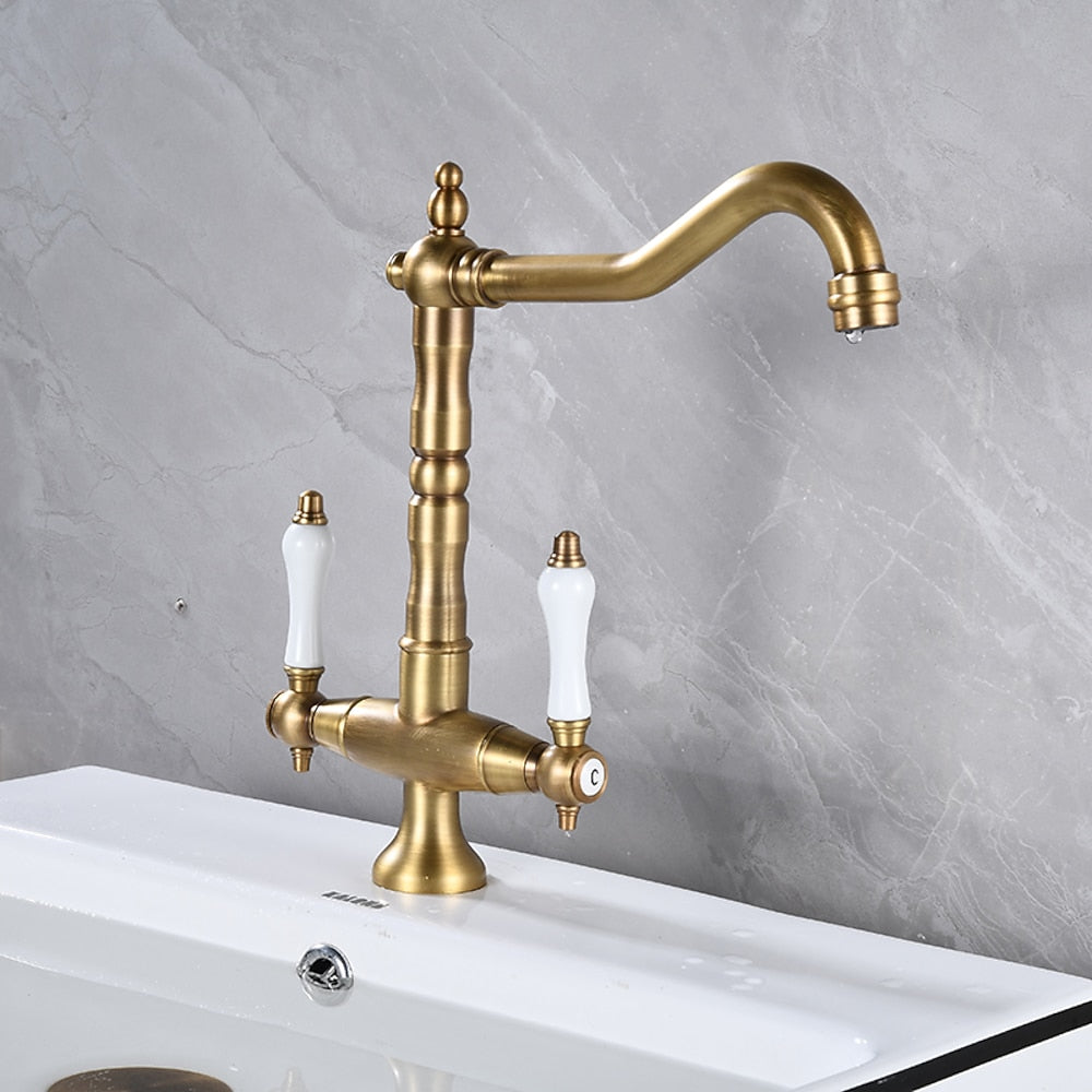 Antique Single-Hole Bathroom Faucet, Dual Ceramic Handle Swivel Spout Faucet, Antique Brass / Brushed Nickel / Chrome / Matte Black / Polished Gold