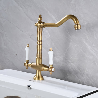 Antique Single-Hole Bathroom Faucet, Dual Ceramic Handle Swivel Spout Faucet, Antique Brass / Brushed Nickel / Chrome / Matte Black / Polished Gold
