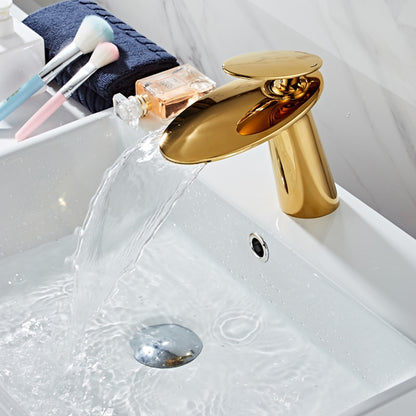 Polished Gold Modern Single-Hole Bathroom Faucet, Single-Handle Waterfall Spout Faucet