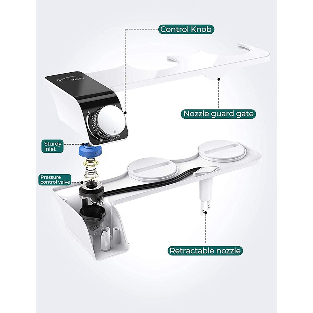 Matte White Non-Electric Dual-Nozzle Toilet Bidet Attachment, Self-Cleaning Bidet Sprayer with Adjustable Water Pressure Controls