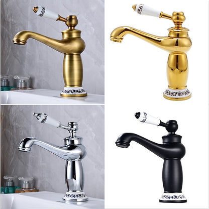 Vintage Single-Hole Bathroom Faucet, Single-Handle Brass Faucet with Ceramic Floral Base, Antique Brass / Chrome / Polished Gold / Matte Black