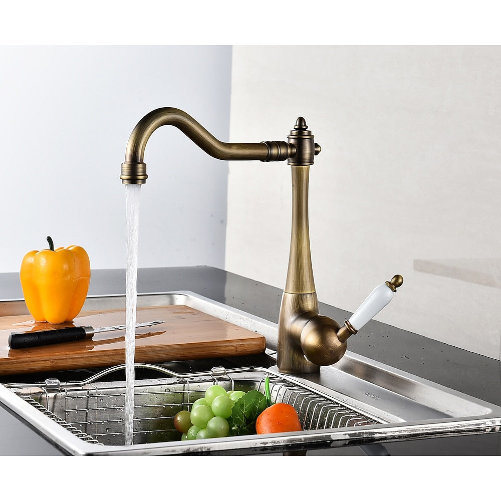 Antique Brass Retro Kitchen Faucet, Single-Hole Swivel Spout Faucet with Ceramic Handle