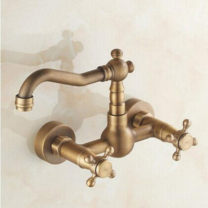 Antique Brass Wall-Mount Kitchen Faucet, Traditional Double Cross Handle Swivel Spout Faucet