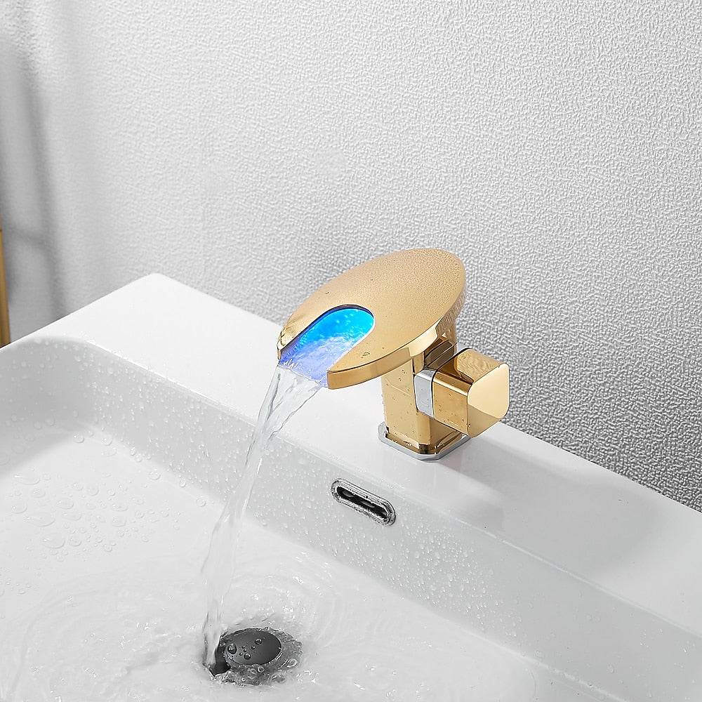 LED Waterfall Bathroom Faucet, Single-Handle Deck-Mount Faucet, Matte Black / Chrome / Polished Gold / Matte White