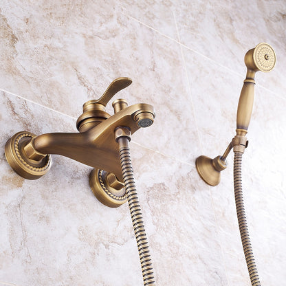 Antique Brass Wall-Mount Tub Faucet, Single-Handle Bath Shower Mixer Tap with Handheld Shower