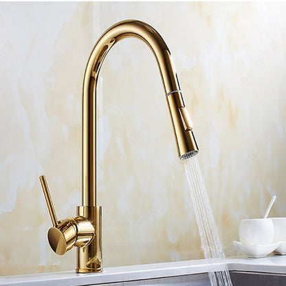 Polished Brass Pull-Down Kitchen Faucet, Single-Hole Single-Handle High Arc Swivel Brass Faucet