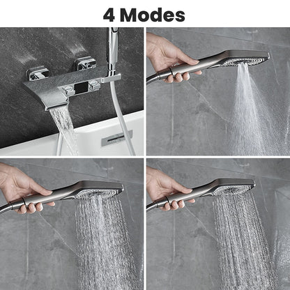 Wall-Mount Waterfall Tub Faucet, Dual-Handle Bath Mixer Tap with Handheld Shower