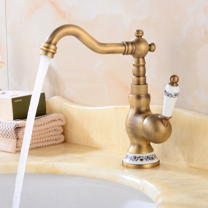 Traditional Swivel Spout Bathroom Faucet, Single-Hole Single-Handle Ceramic Lever Faucet, Antique Brass / Chrome / Polished Gold