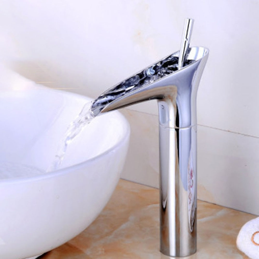 Waterfall High Arc Vessel Sink Faucet, Single-Handle Single-Hole Brass Faucet, Antique Brass / Brushed Gold / Oil-Rubbed Bronze / Brushed Nickel / Chrome