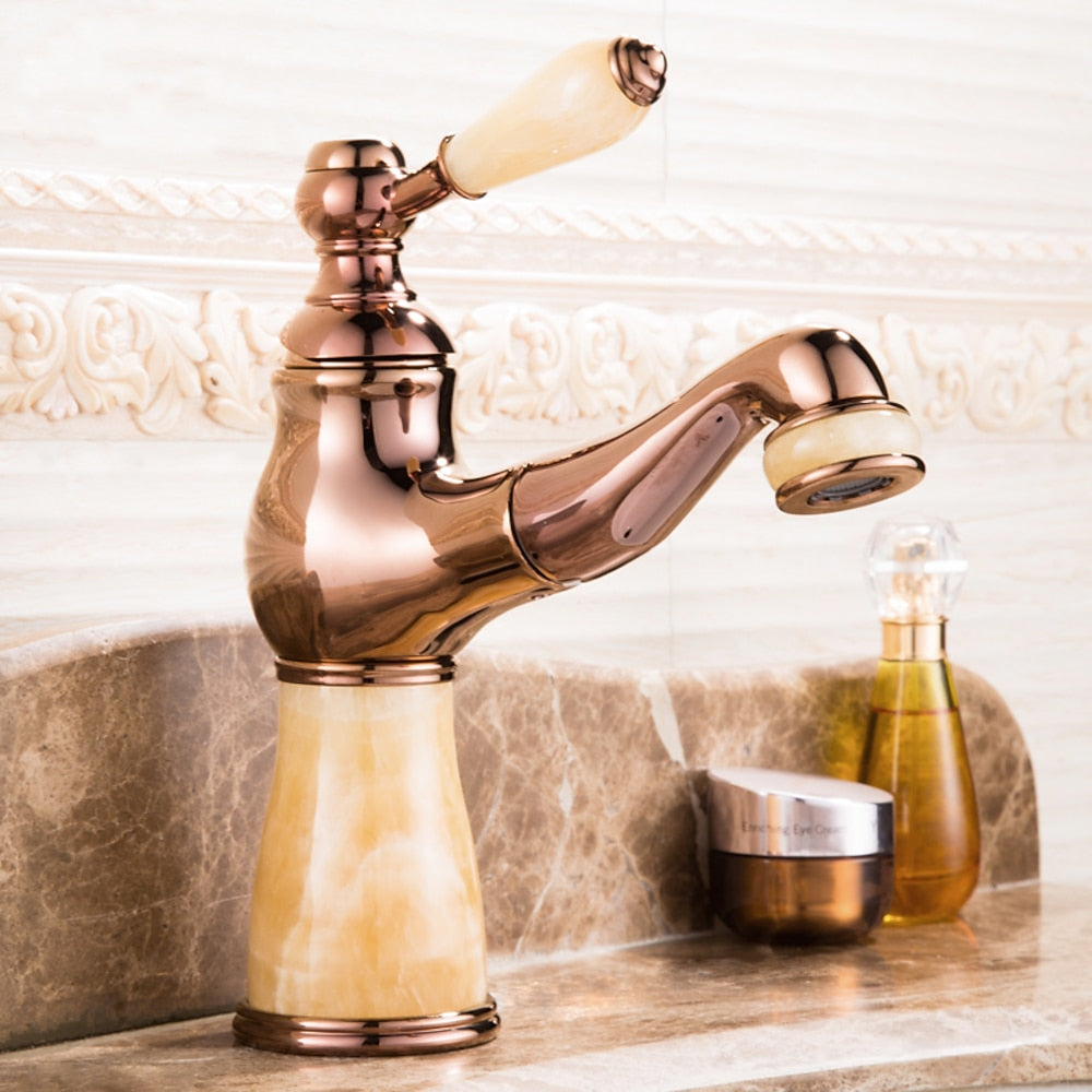 Pull-Out Vintage Single-Hole Bathroom Faucet, Single-Handle Brass Faucet, Rose Gold