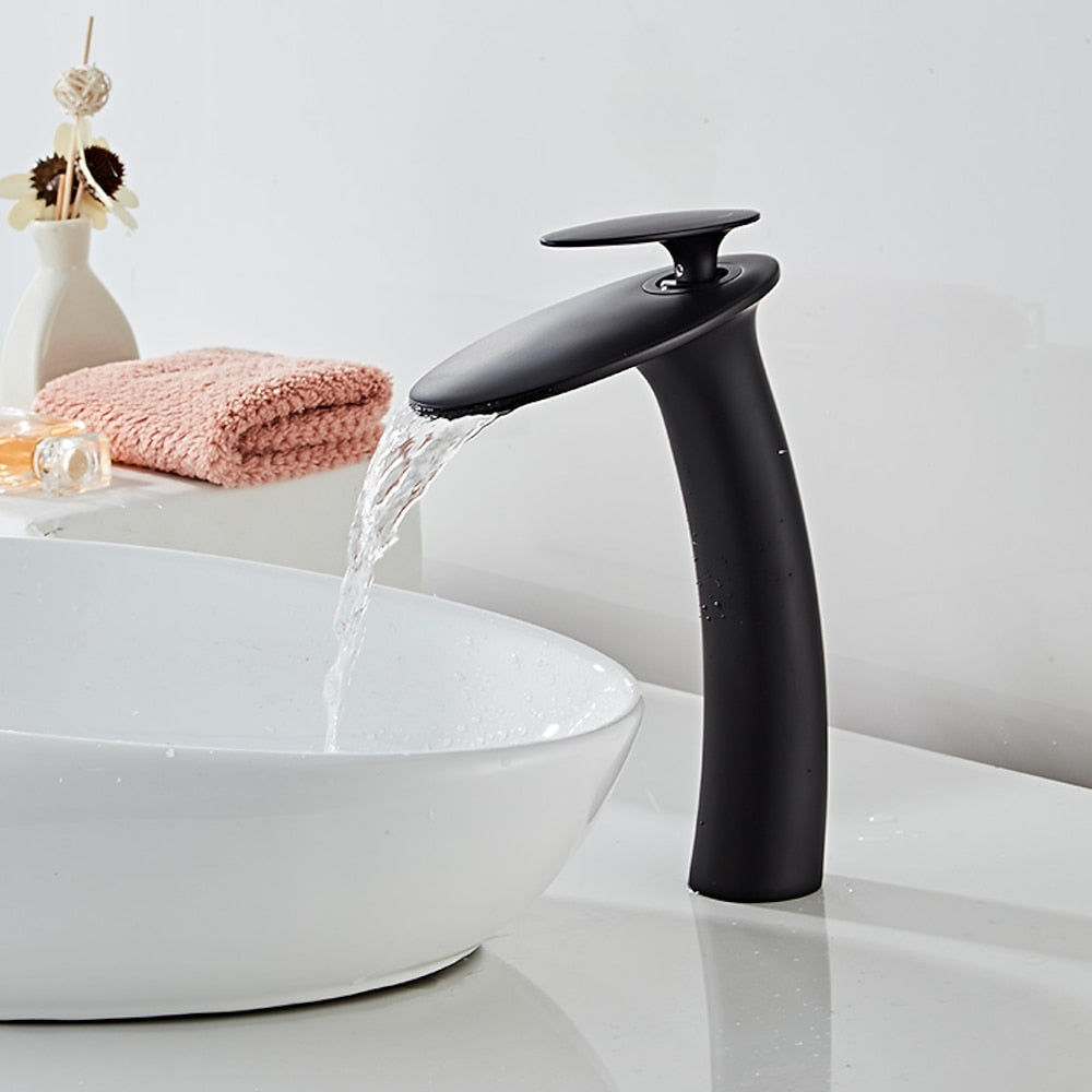 Modern Waterfall Bathroom Faucet, Single-Handle Brass Faucet, Matte Black / Chrome / Brushed Nickel / Brushed Gold / Polished Gold / Rose Gold / Oil-Rubbed Bronze / Venetian Bronze / Gunmetal / Matte White / Copper / Painted / Powder Coated
