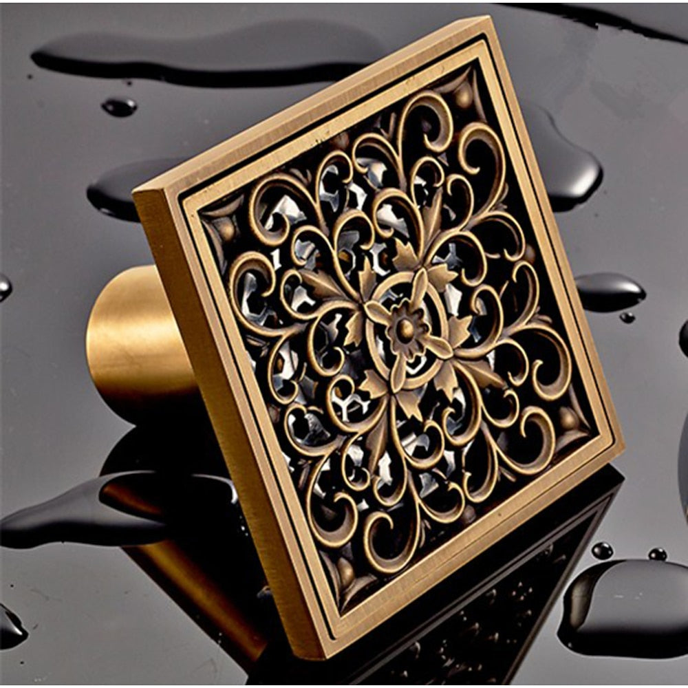 Antique Brass Vintage Square Floor Drain, Carved Flower Drain with Removable Cover